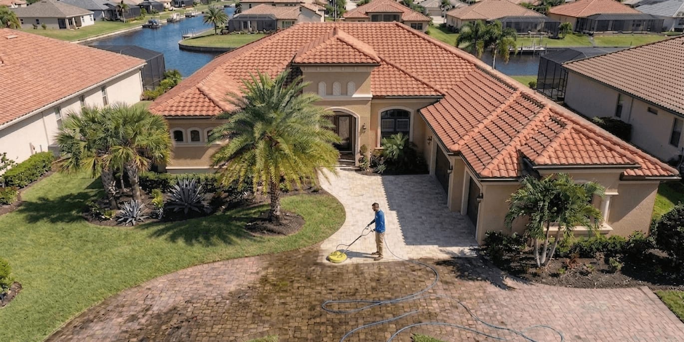 Pressure washing Fort Myers home driveway