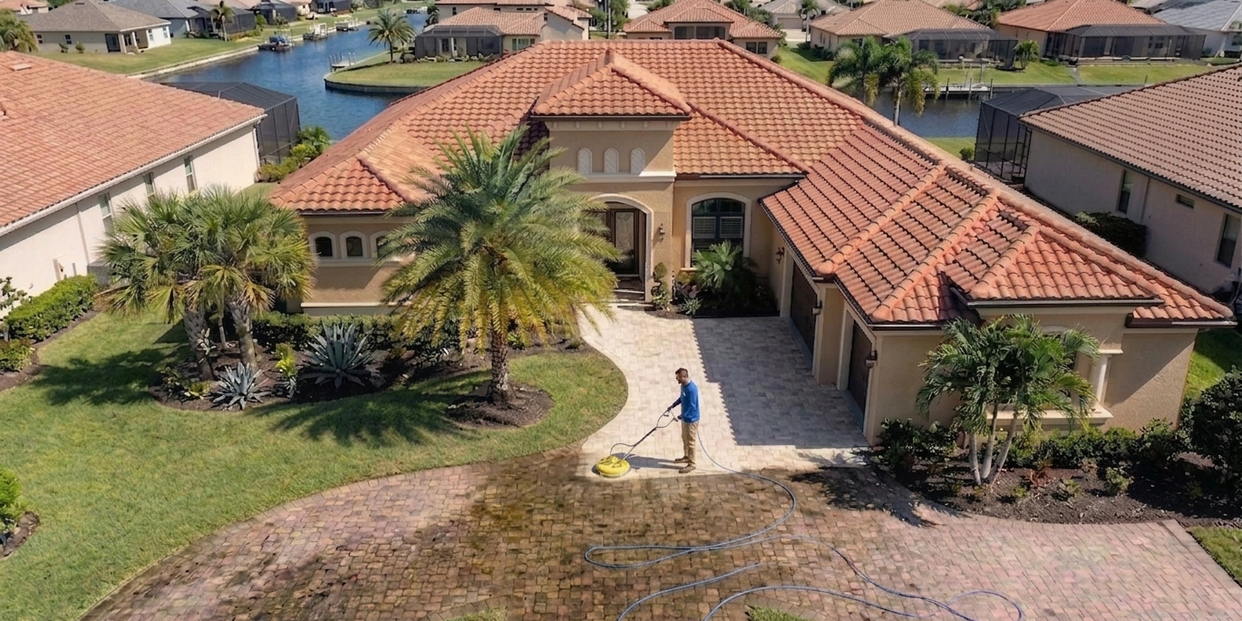 Pressure washing Fort Myers home driveway