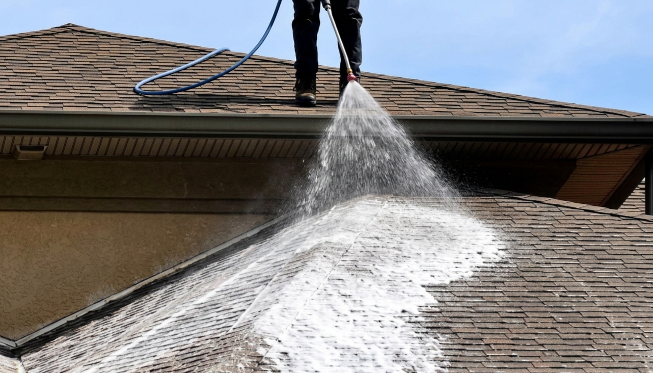 Soft washing asphalt shingle roof to remove mold