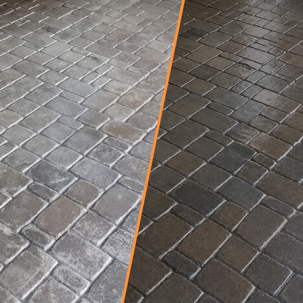 Cobblestone paver driveway before and after wet-look sealing