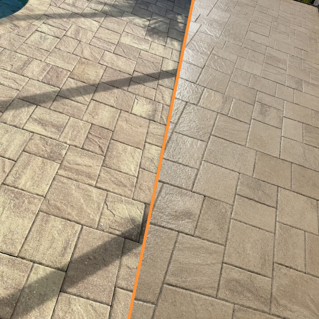 Paver pool deck before and after sealing